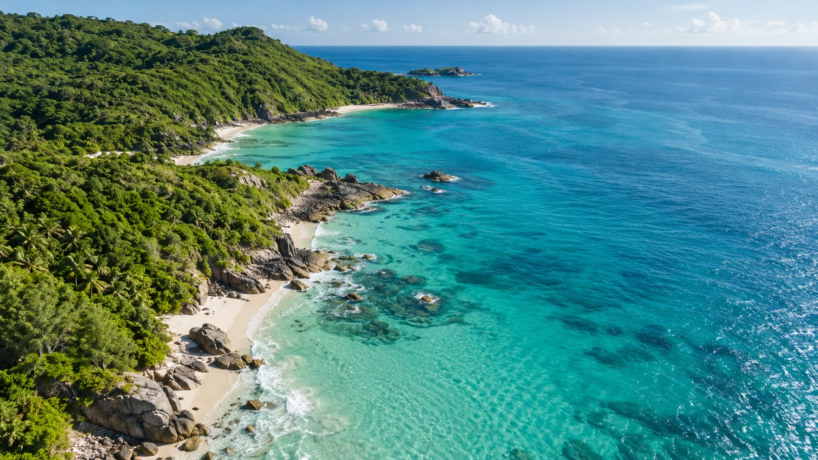 Green coastal landscape beside clear turquoise water